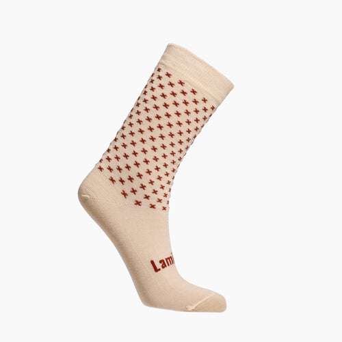 Merino Wool Crew Socks | WOMAN | Chai Lamington Socks Chai - Oatmeal with rust coloured crosses merino wool crew socks for Women New Zealand Made