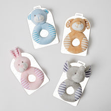 ANIMAL RATTLES 4 ASST DESIGNS These whimsical rattles are designed to captivate and entertain! Featuring four charming designs and colours – an adorable elephant, a lovable bunny, a friendly dog, and a cuddly bear. Rosies Gifts for baby, children's clothing and gifts.