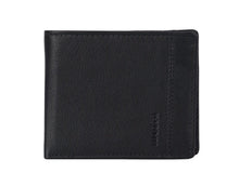 Black leather wallet with brand logo on a white background