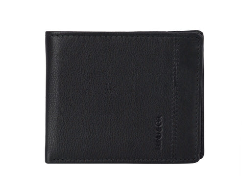 Black leather wallet with brand logo on a white background