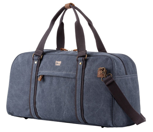 Canvas duffel bag with brown straps and a visible brand logo on a white background