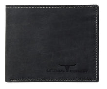 Leather wallet with white stitching and 'Urban Forest' branding on a white background