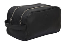 Black leather toiletry bag with silver zippers on a white background
