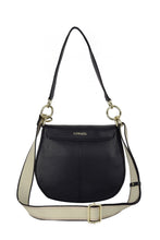 Black handbag with a beige strap on a white background