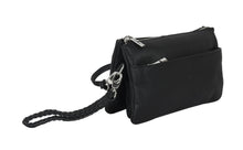 Black leather crossbody bag with a strap on a white background