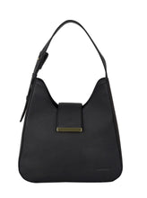Black handbag with a gold clasp on a white background