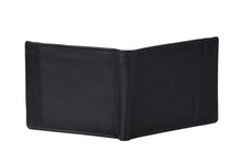 Black leather wallet with brand logo on a white background