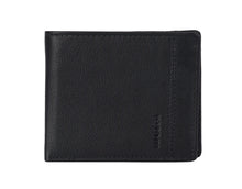 Black leather wallet with brand logo on a white background