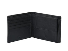 Black leather wallet with brand logo on a white background