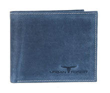 Leather wallet with white stitching and 'Urban Forest' branding on a white background
