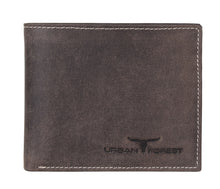 Leather wallet with white stitching and 'Urban Forest' branding on a white background
