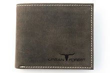 Leather wallet with white stitching and 'Urban Forest' branding on a white background