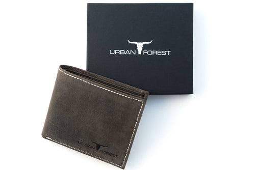 Leather wallet with white stitching and 'Urban Forest' branding on a white background