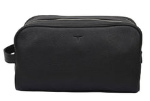Black leather toiletry bag on a white background