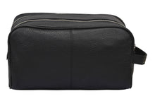 Black leather toiletry bag with a zipper on a white background
