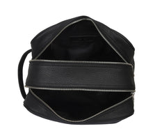 Black leather backpack with zippers on a white background