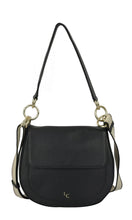 Black handbag with gold accents on a white background