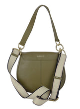 Green handbag with beige strap on a white background