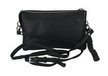 Black leather crossbody bag with a strap on a white background