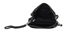 Black leather crossbody bag with a strap on a white background