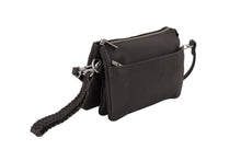 Dark Chocolate leather crossbody bag with a strap on a white background