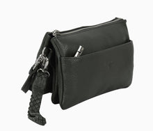 Forest Greenleather crossbody bag with a chain detail on a white background