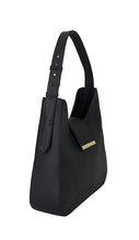 Black handbag with a strap on a white background