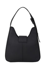 Black handbag with a strap on a white background