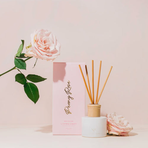 Peony Rose Reed Diffuser by Living Light Candles Unashamedly feminine, elegant and sensual, Peony is the heart of this delicate fragrance. Handmade in Golden Bay, New Zealand. Rosies Gifts, Mosgiel, Dunedin for your candle and home fragrance needs.