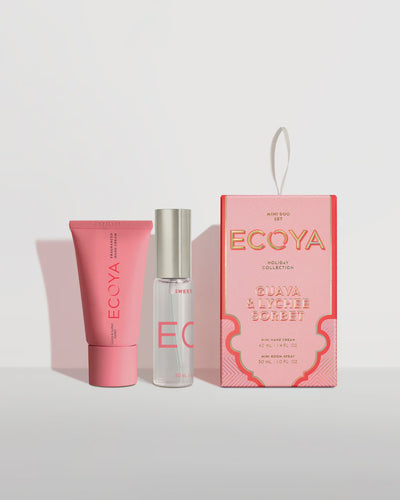 Holiday: Guava & Lychee Sorbet Mini Duo Set Tropical layers of guava nectar, Queensland lychee and a cocktail of berries. perfect pairing with a 40mL Hand Cream and 30mL Room Spray. Mini Duo Set is available in our most loved ECOYA fragrances, Guava & Lychee Sorbet, Sweet Pea & Jasmine and Lotus Flower.