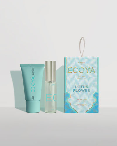 Holiday: Lotus Flower Mini Duo Set by Ecoya A spicy blend, both sensual and relaxing, with white lotus flower, Pacific vanilla and patchouli. Guava & Lychee Sorbet, Lotus Flower and Sweet Pea & Jasmine. This set includes a 30mL Mini Room Spray and 40mL Mini Hand Cream.