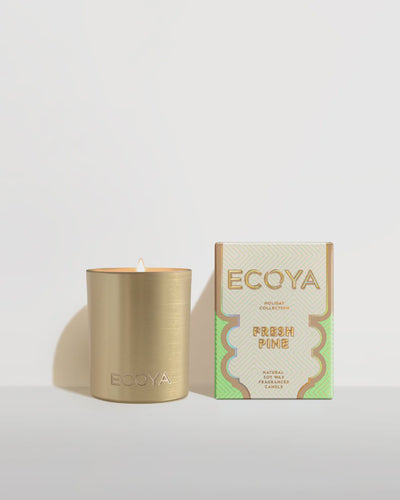 Holiday: Fresh Pine Mini Goldie Candle By Ecoya Capturing the essence of the festive season, fresh pine needles come together with rich newly sawn forest woods, rosewood, citrus and cedar.   The Mini Goldie Candle is the perfect addition to any space. 