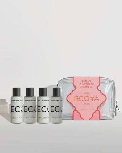 Holiday: Guava & Lychee Sorbet Mini Takeaway Set Elevate your travels with the Mini Takeaway, a curated selection of body essentials in a stylish transparent black travel bag.  1 x 100ml shampoo, 1 x 100ml conditioner, 1 x 100ml lotion, 1 x 100ml wash