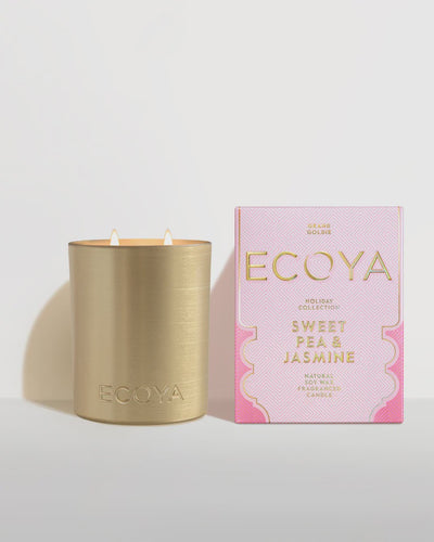 Sweet Pea & Jasmine Grand Goldie Candle by Ecoya. A floral and elegant fragrance featuring sweet pea with notes of watermelon, cucumber and white jasmine. Introducing the Grand Goldie Candle, a magnificent statement piece in our Holiday Collection. 