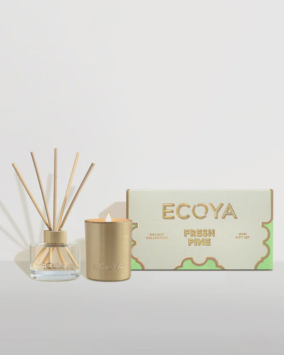 Fresh Pine Mini Gift Set by Ecoya. Immerse yourself in the nostalgia of freshly cut Christmas trees, blended with forest woods, rosewood, a citrus kick and a touch of cedar. Indulge in the magic of the season with the perfect pair. Set includes 50mL Reed Diffuser and 105g Soy Wax Candle Made in New Zealand