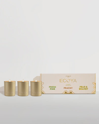 Mini Goldie Trio by Ecoya Unleash the magic of the festive season with our Mini Goldie Trio. Housed in a chic rigid box, the Mini Goldie Trio includes all three Holiday Collection fragrances, Fresh Pine, Pear & Brandy and Peachy. 