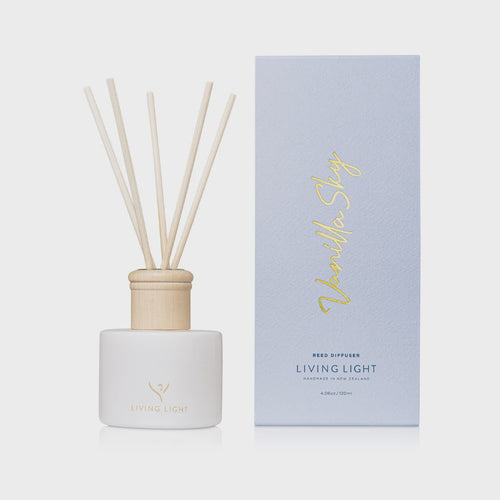 Vanilla Sky Reed Diffuser Soar to the heavens with our luscious vanilla, gently embraced by soft and sensual orchid, awakening grace and beauty. Handmade in Golden Bay, New Zealand. Rosies Gifts, Mosgiel, Dunedin for your home fragrance and candle needs.