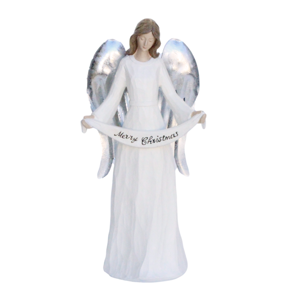 Angel with tin wing and banner.