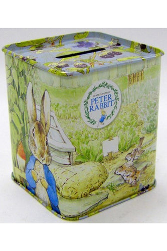 Peter Rabbit Money Tin The Peter Rabbit Square Money Box is a great gift for children to encourage them to collect their pocket money. The beautifully decorated Money Box features Peter Rabbit in a colourful garden with birds and blackberries. Baby and Children's clothing, toys, accessories at Rosies Gifts, Mosgiel, Dunedin.