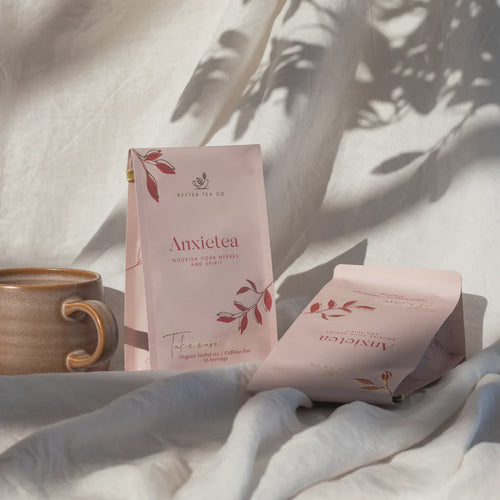 Better Tea Co. Anxietea herbal Tea - Compostable Pouch Sink into a cushioned bed of calm with the soothing aroma of Anxietea. Each pouch has a recyclable tin tie. Rosies Gifts, Mosgiel, Dunedin