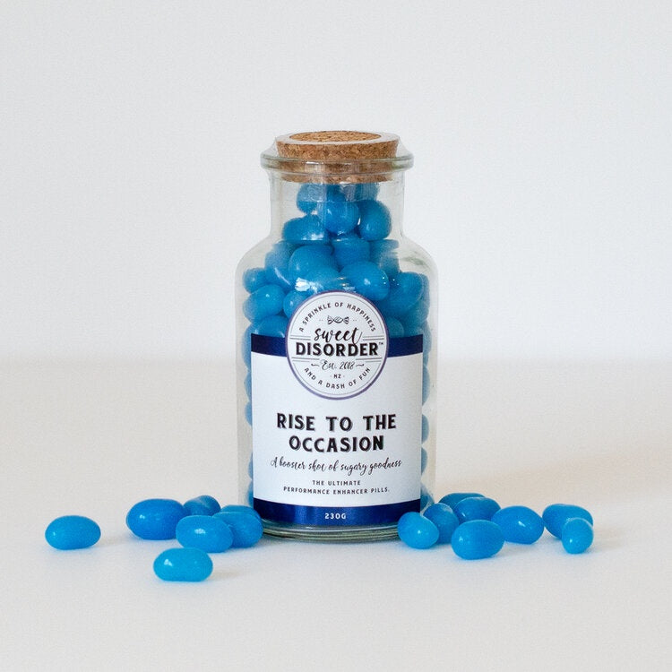 Rise to the Occasion Sweets in a Jar The ultimate performance enhancer pills. New Zealand made blue jelly beans. Rosies Gifts & Homeware, Mosgiel, Dunedin has something special for everyone.
