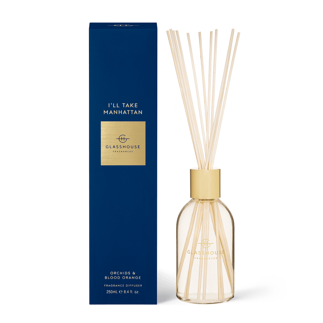 Glasshouse Fragrance - I'll Take Manhattan ORCHIDS & BLOOD ORANGE 250mL Diffuser. Exotic orchid, bold black rose and amber invoke the electric energy of the Big Apple. Top Notes: Gardenia, Tulip, Orchid, Redcurrant  Middle Notes: Black Rose, Carnation, Nectarine, Blood Orange Base Notes: Amber, Patchouli, Sandalwood 