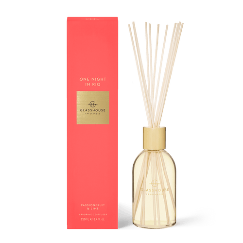 Glasshouse Fragrances - One Night in Rio, PASSIONFRUIT & LIME - 250mL Fragrance Diffuser. Rosies Gifts Mosgiel, Dunedin. Passionfruit and lime are effervescent, like vibrant dancers. Melon keeps things sweet.