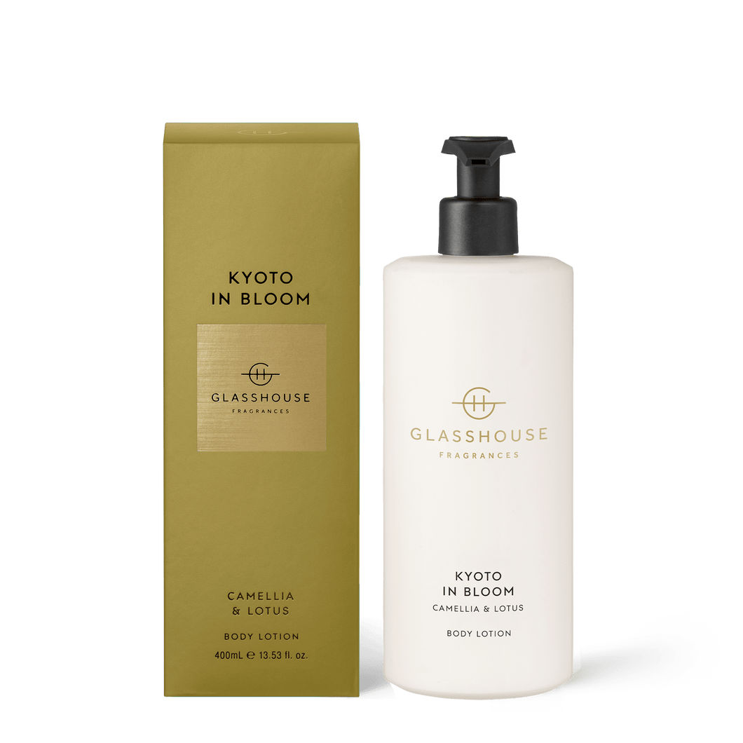Glasshouse Fragrances, Kyoto in Bloom, Rosies Mosgiel, Dunedin.  CAMELLIA & LOTUS. 400mL Body Lotion. A restorative, whipped body lotion rich in nourishing shea butter and rosehip oil. Light white florals are warmed by sensual amber and vanilla in this poetic alchemy.