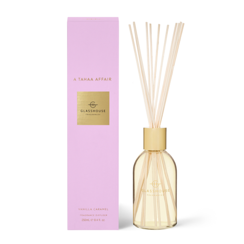 Glasshouse Fragrances - A Tahaa Affair 250ml Diffuser VANILLA CARAMEL Rosies Gifts Mosgiel, Dunedin A flameless scent for uninterrupted ambience. Ambrosial with lush caramel and coconut, it’ll transport you to the beaches of Tahaa. Top Notes: Pineapple  Middle Notes: Coconut Fruity Base Notes: Caramel & Vanilla 