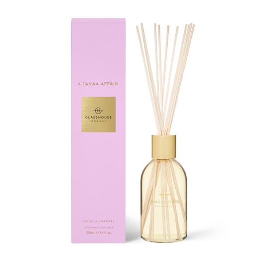 Glasshouse Fragrances - A Tahaa Affair 250ml Diffuser VANILLA CARAMEL Rosies Gifts Mosgiel, Dunedin A flameless scent for uninterrupted ambience. Ambrosial with lush caramel and coconut, it’ll transport you to the beaches of Tahaa. Top Notes: Pineapple  Middle Notes: Coconut Fruity Base Notes: Caramel & Vanilla 