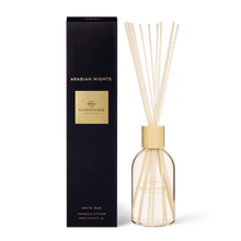 WHITE OUD / Arabian Nights 250mL Glasshouse Fragrance Diffuser. A clever flameless scent solution for uninterrupted ambience. A stroll through Dubai’s perfume souk at dusk, it’s rich with saffron and white oud. Rosies Gifts, Mosgiel, Dunedin.