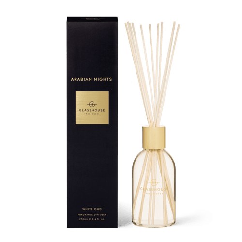 WHITE OUD / Arabian Nights 250mL Glasshouse Fragrance Diffuser. A clever flameless scent solution for uninterrupted ambience. A stroll through Dubai’s perfume souk at dusk, it’s rich with saffron and white oud. Rosies Gifts, Mosgiel, Dunedin.