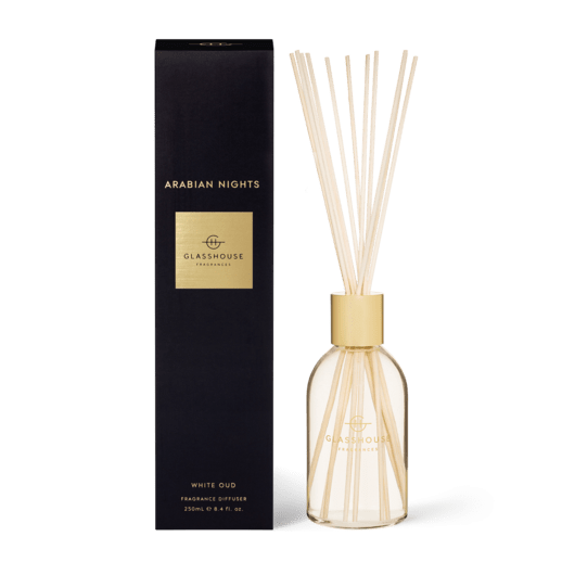 WHITE OUD / Arabian Nights 250mL Glasshouse Fragrance Diffuser A clever flameless scent solution for uninterrupted ambience. A stroll through Dubai’s perfume souk at dusk, it’s rich with saffron and white oud.
