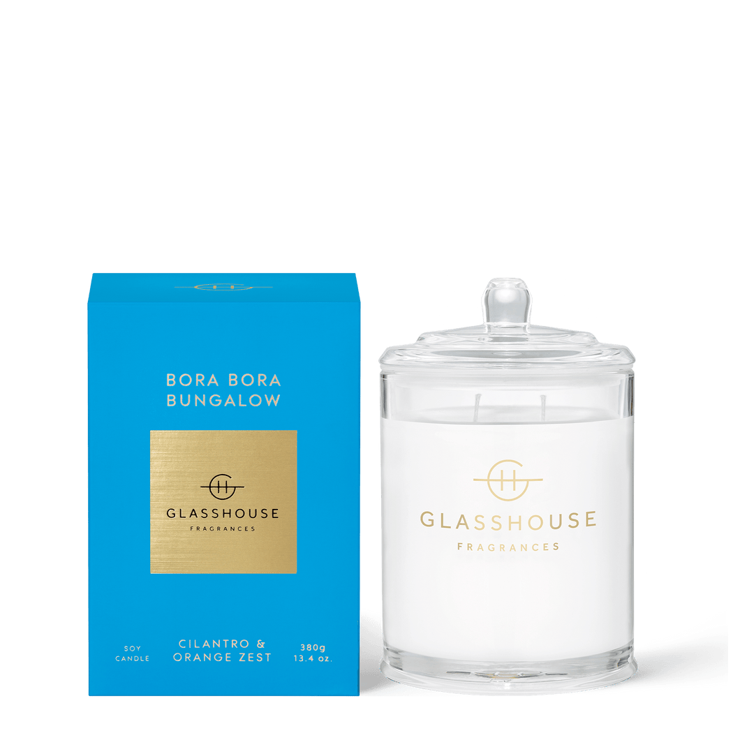 Glasshouse Soy Candle Rosies Gifts Mosgiel, Dunedin. BORA BORA BUNGALOW. CILANTRO & ORANGE ZEST 380g Triple Scented Soy Candle A transcendent everyday luxury, it creates instant ambience. Sun-dappled orange blossoms, salty skin, cilantro mimosas and Tahitian vanilla sorbet